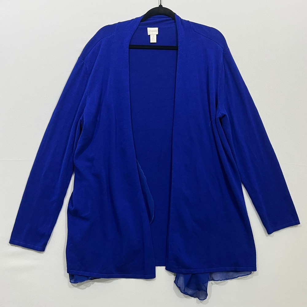 Chico's Cardigan Open Front Layered Chiffon Hem Cobalt Blue Women Size 3 (XL/16)